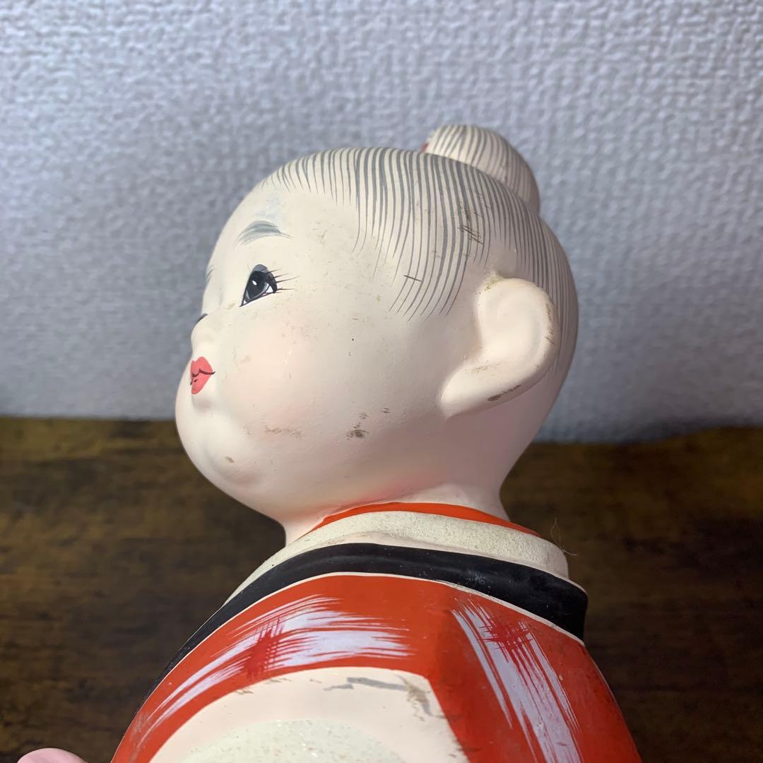 E-4 【伝統工芸品】博多人形 童（わらべ） 手桶 銘あり 陶器 置物 アンティ