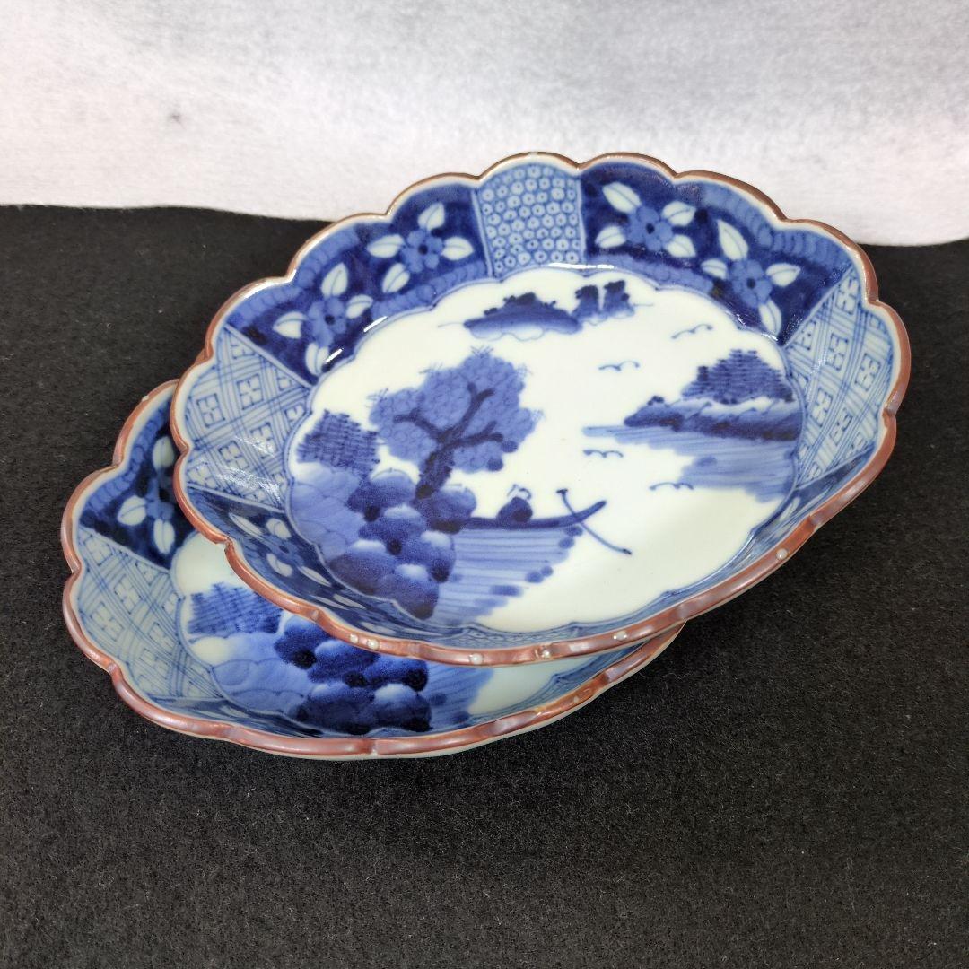 ★美品　有田焼　岩永浩 作　祥瑞山水図菊割楕円向付　2枚