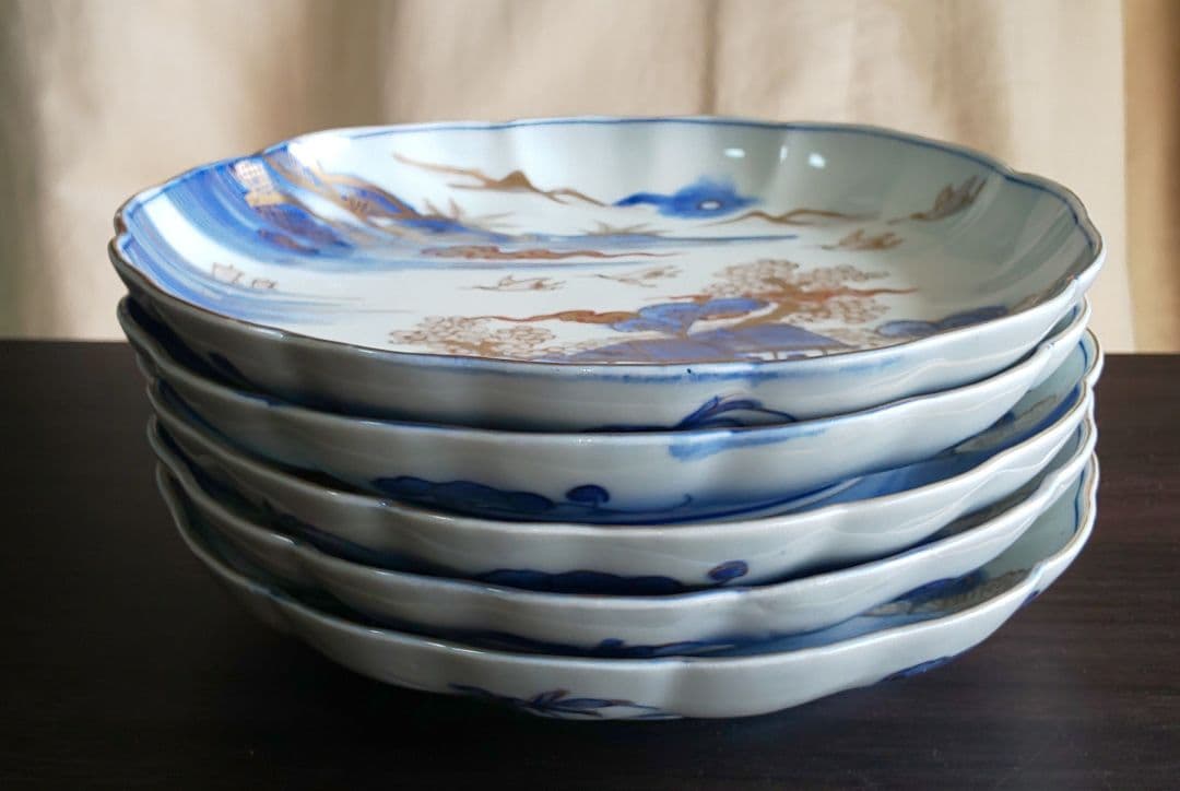 古伊万里 人物鳥山水風景図 輪花中皿 裏角福 表月弓 ５枚セット