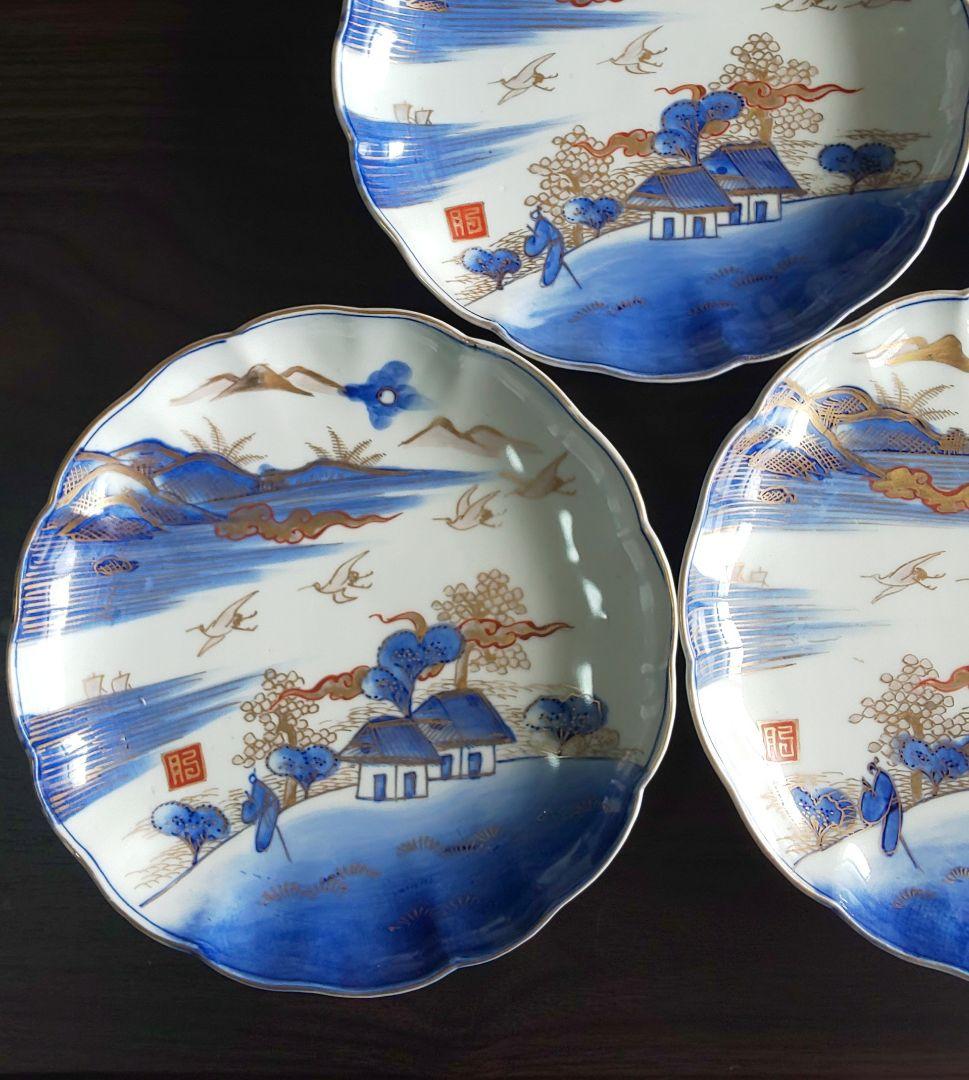 古伊万里 人物鳥山水風景図 輪花中皿 裏角福 表月弓 ５枚セット