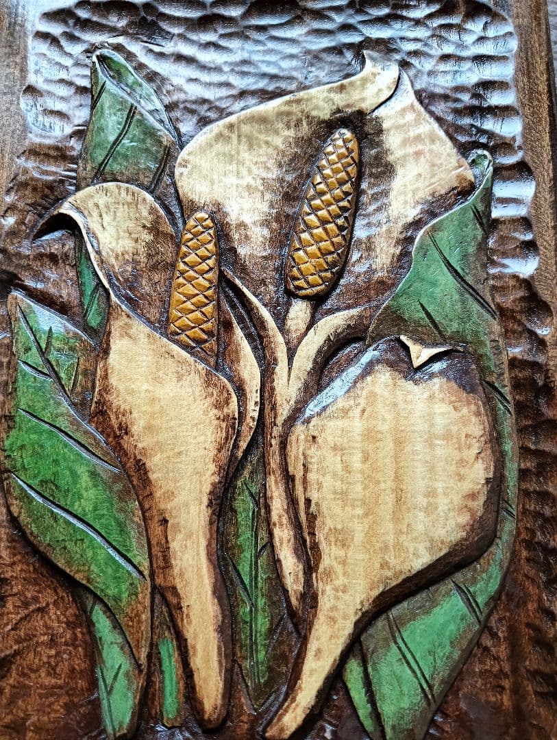 木製彫刻 水芭蕉のデザイン　レリーフ