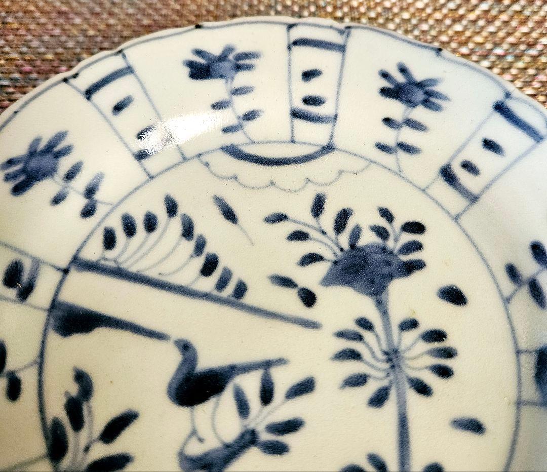 【専用ページ】【本物保証❗】江戸前期　 初期伊万里　芙蓉手花鳥図輪花皿 14.8