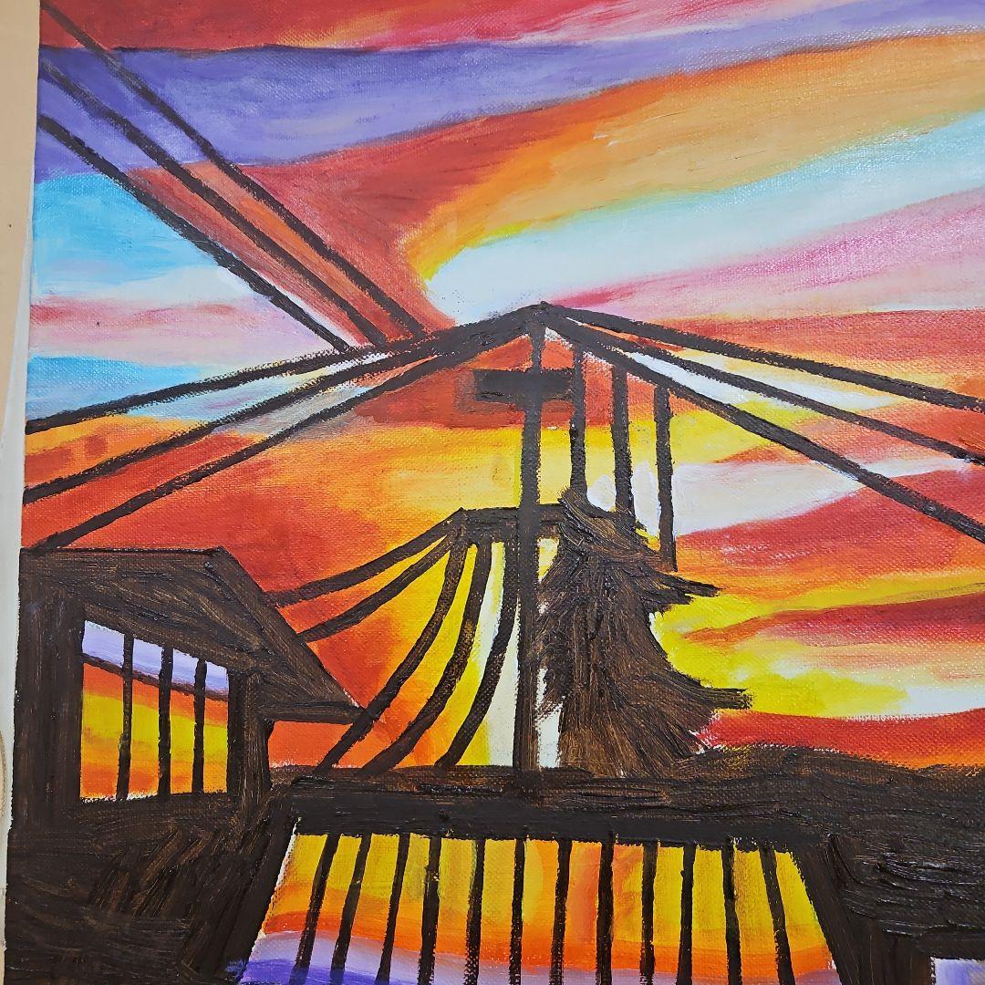 風景画油絵　朝焼け