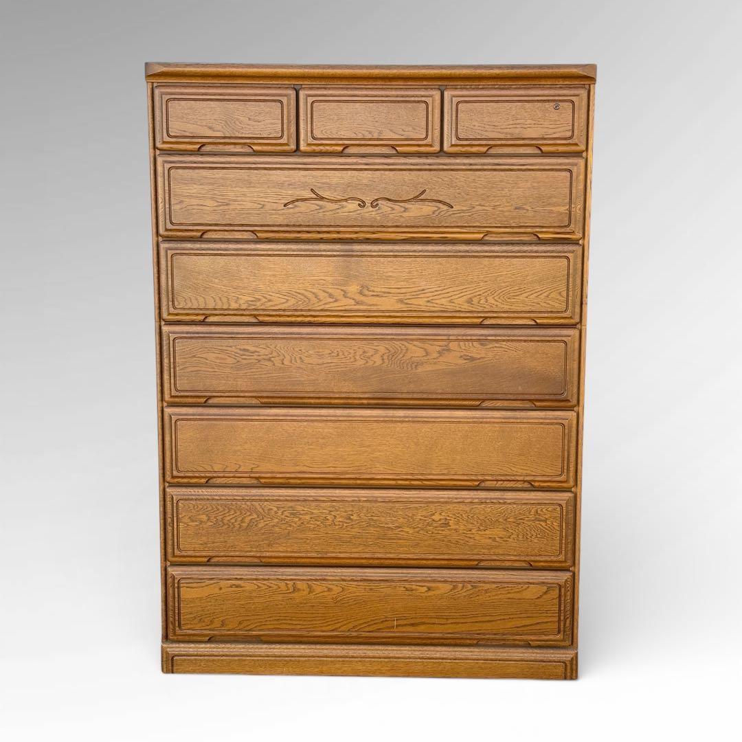 【週末セール】起立木工 ハイチェスト 7段 国産 ナラ材 鍵付き クラシック