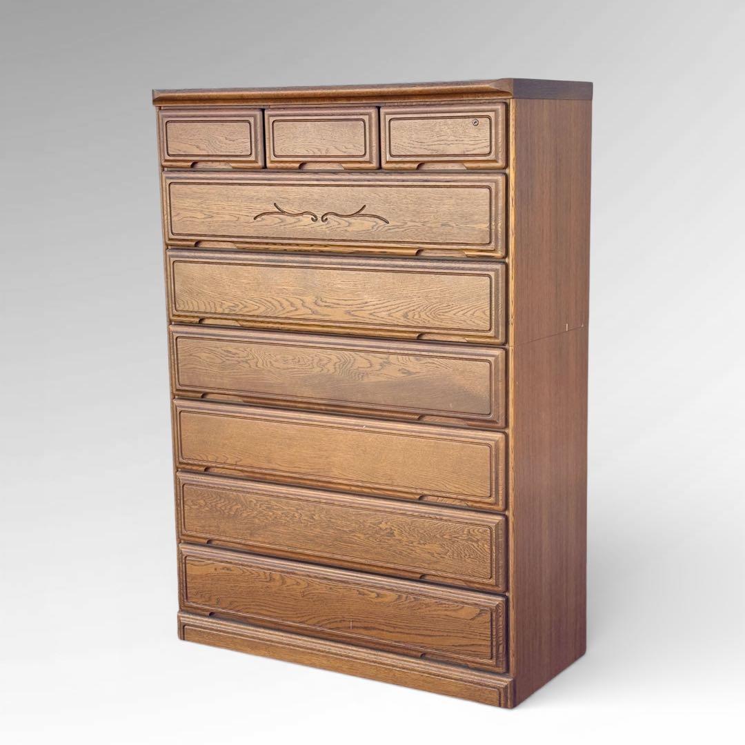 【週末セール】起立木工 ハイチェスト 7段 国産 ナラ材 鍵付き クラシック