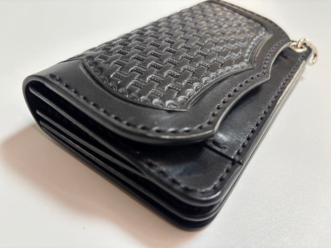 黒　栃木サドルレザー　トラッカーウォレット　三層　シルバー　レザークラフト