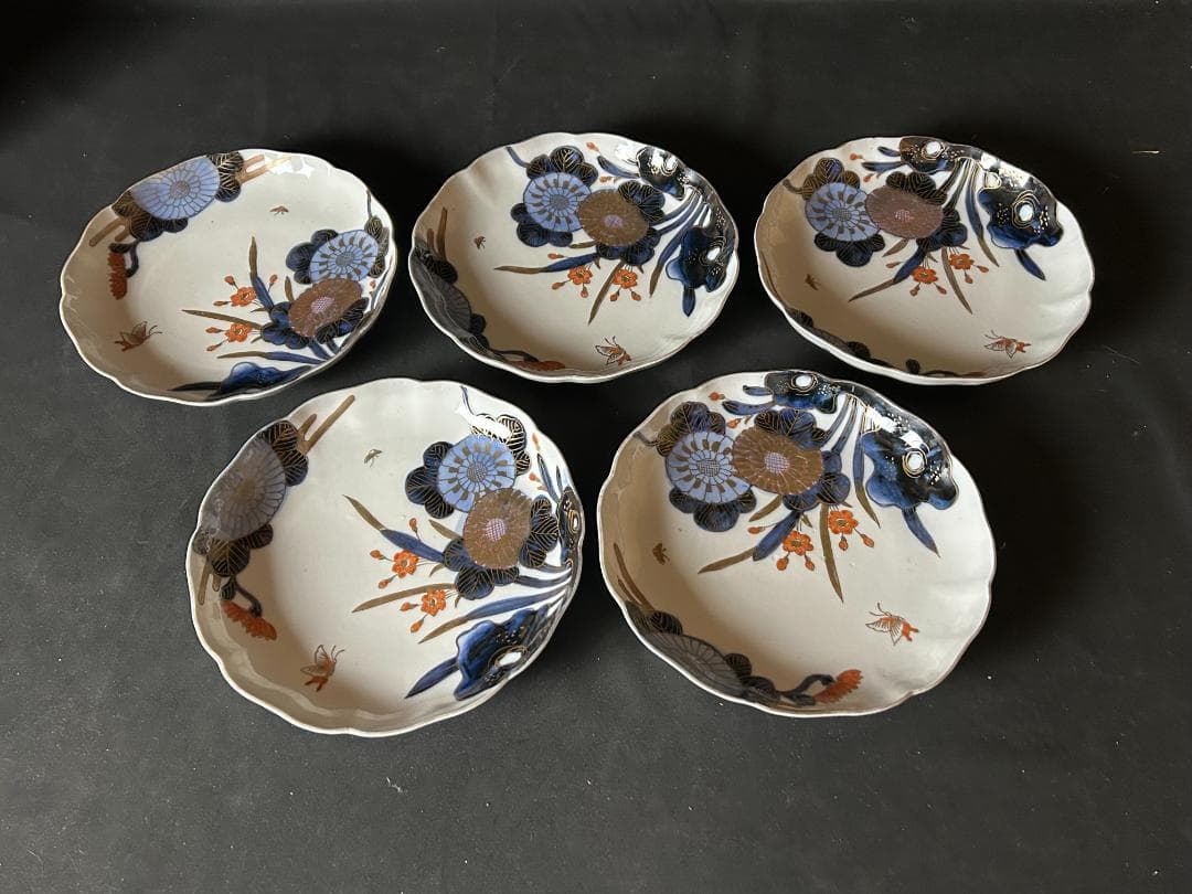 古伊万里 染錦 金彩 花蝶図 七寸皿 5客 江戸後期 65