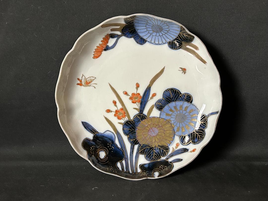 古伊万里 染錦 金彩 花蝶図 七寸皿 5客 江戸後期 65