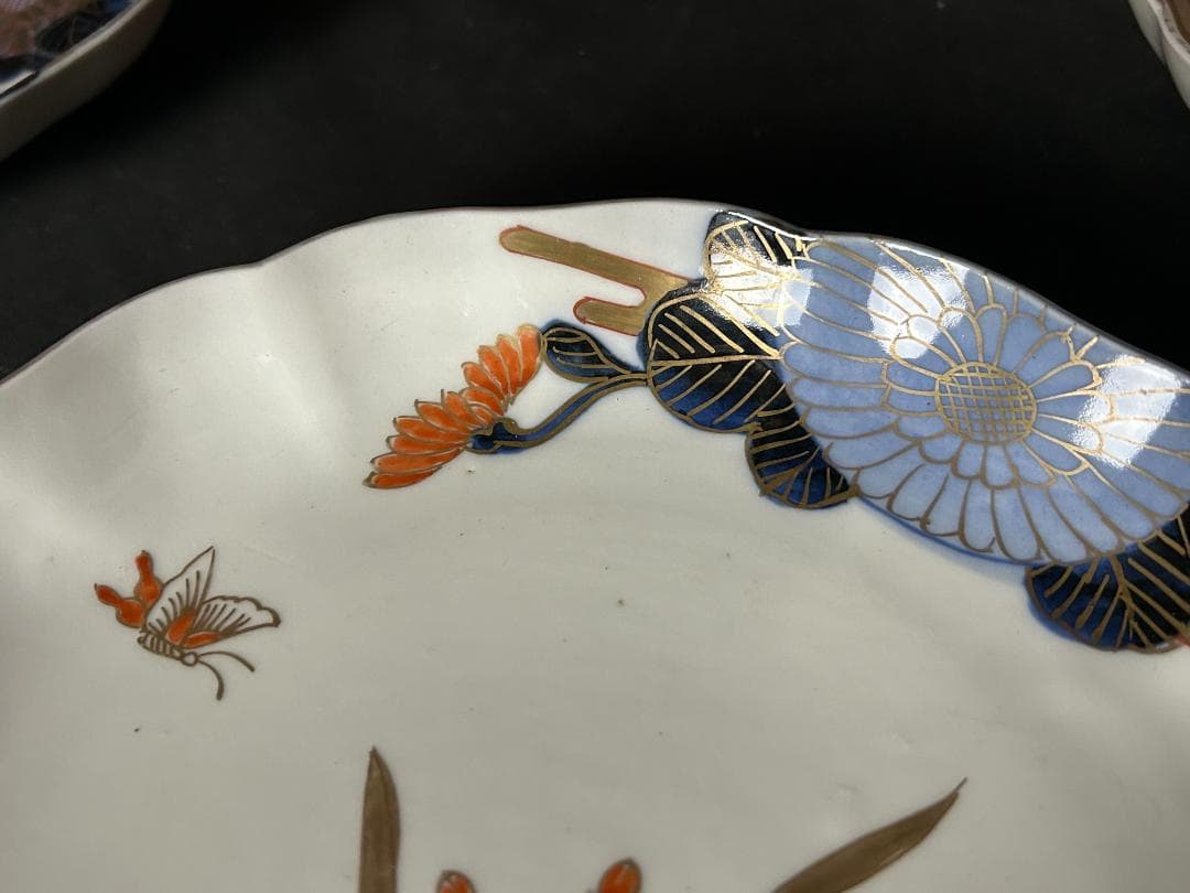 古伊万里 染錦 金彩 花蝶図 七寸皿 5客 江戸後期 65