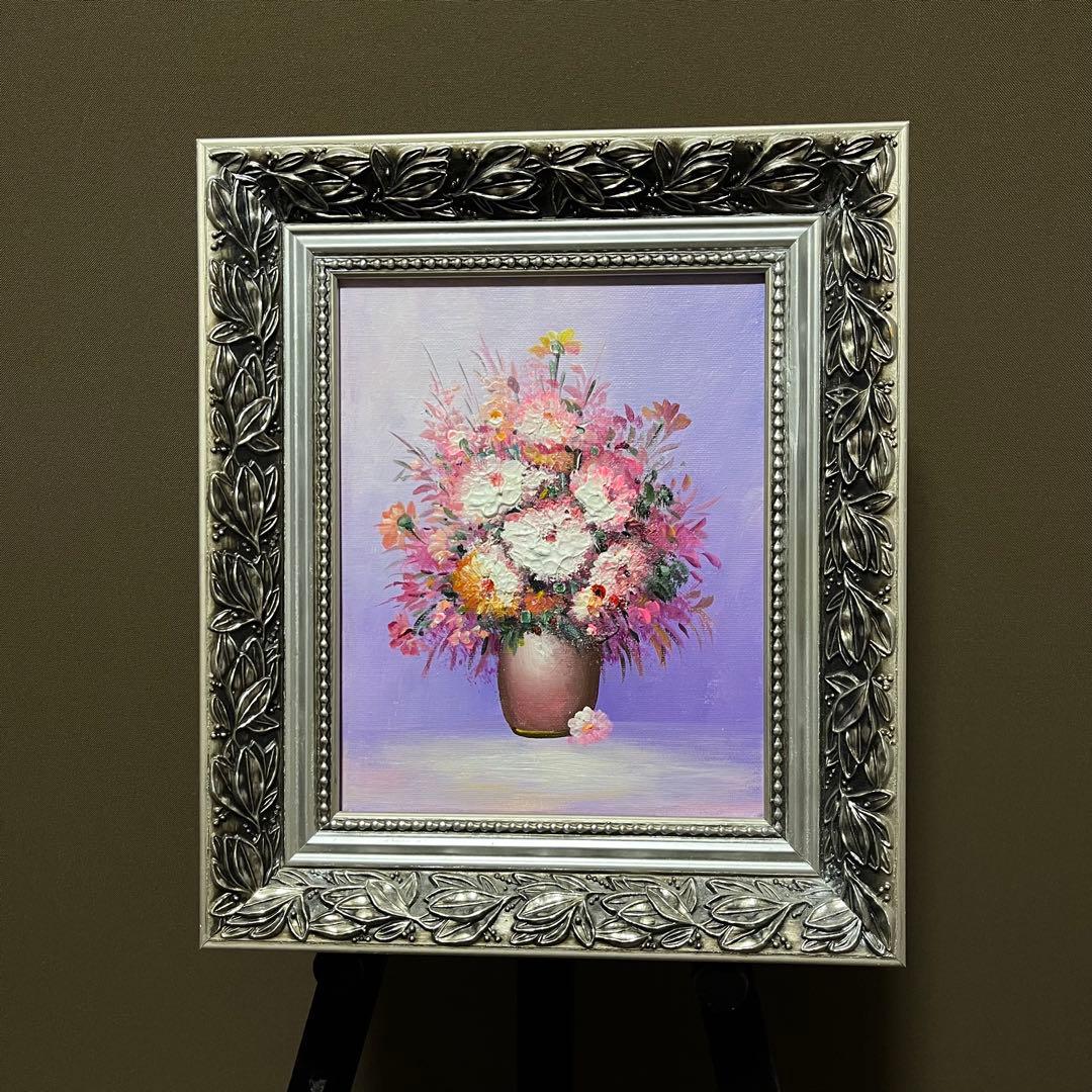 手書き油絵 花瓶の花 額付 肉筆絵画 インテリア 油彩画