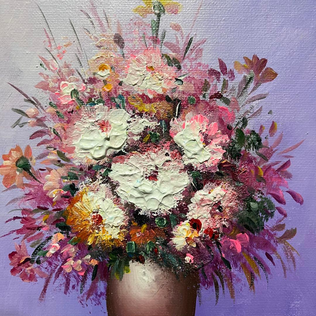 手書き油絵 花瓶の花 額付 肉筆絵画 インテリア 油彩画