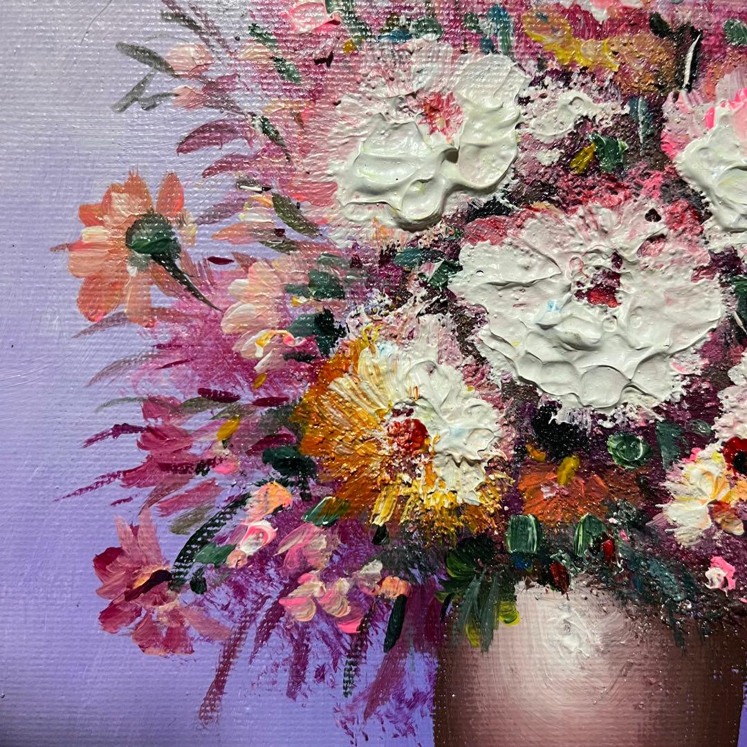 手書き油絵 花瓶の花 額付 肉筆絵画 インテリア 油彩画