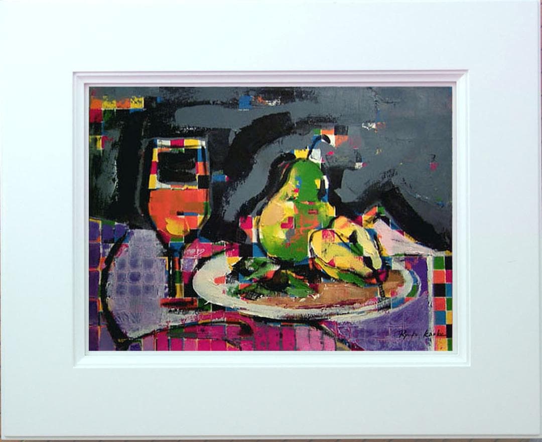 油絵 菅家令子 絵 絵画インテリア額付(青緑＋金色の枠)uF6-062204果物