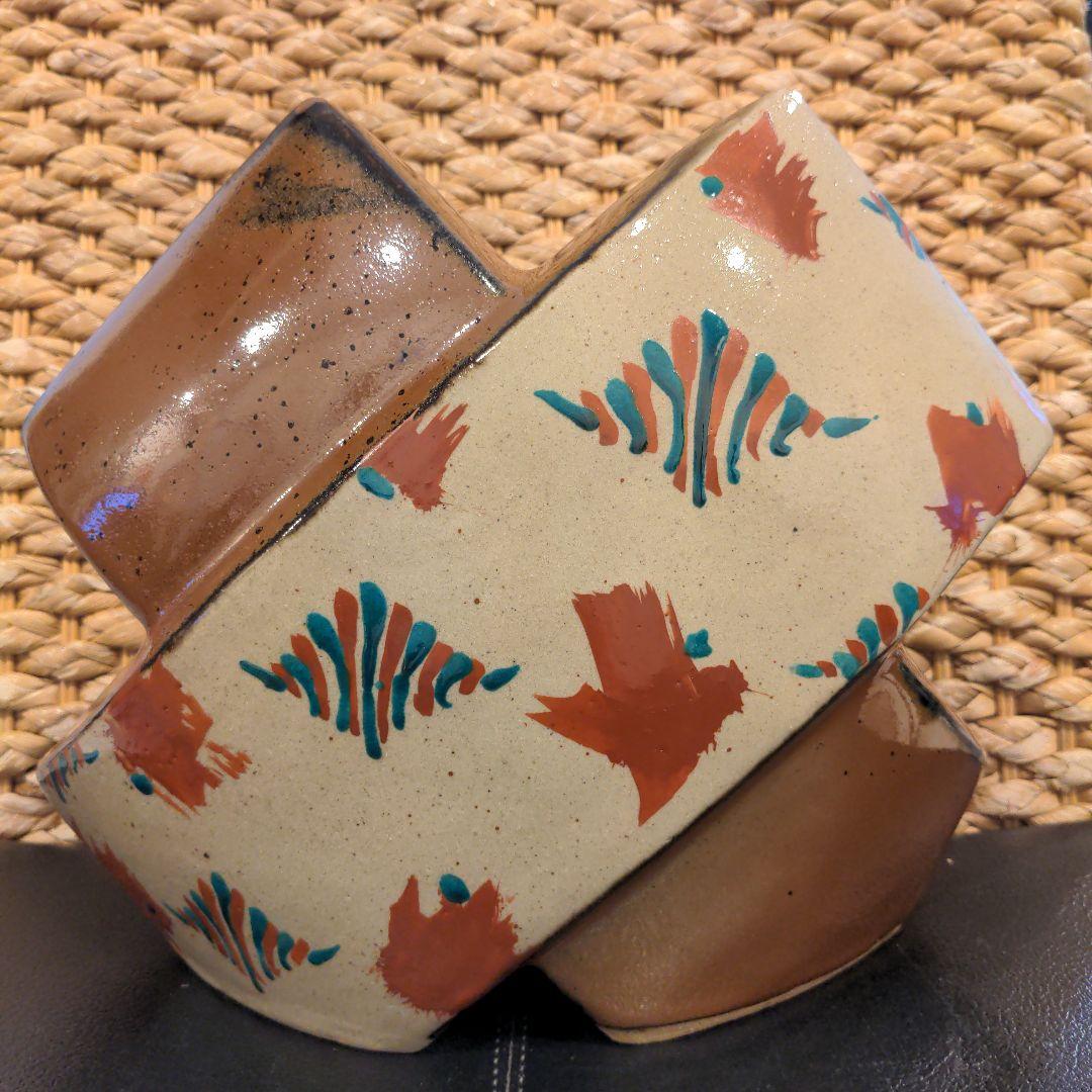 益子焼　濱田友緒 柿釉赤絵交叉扁壺