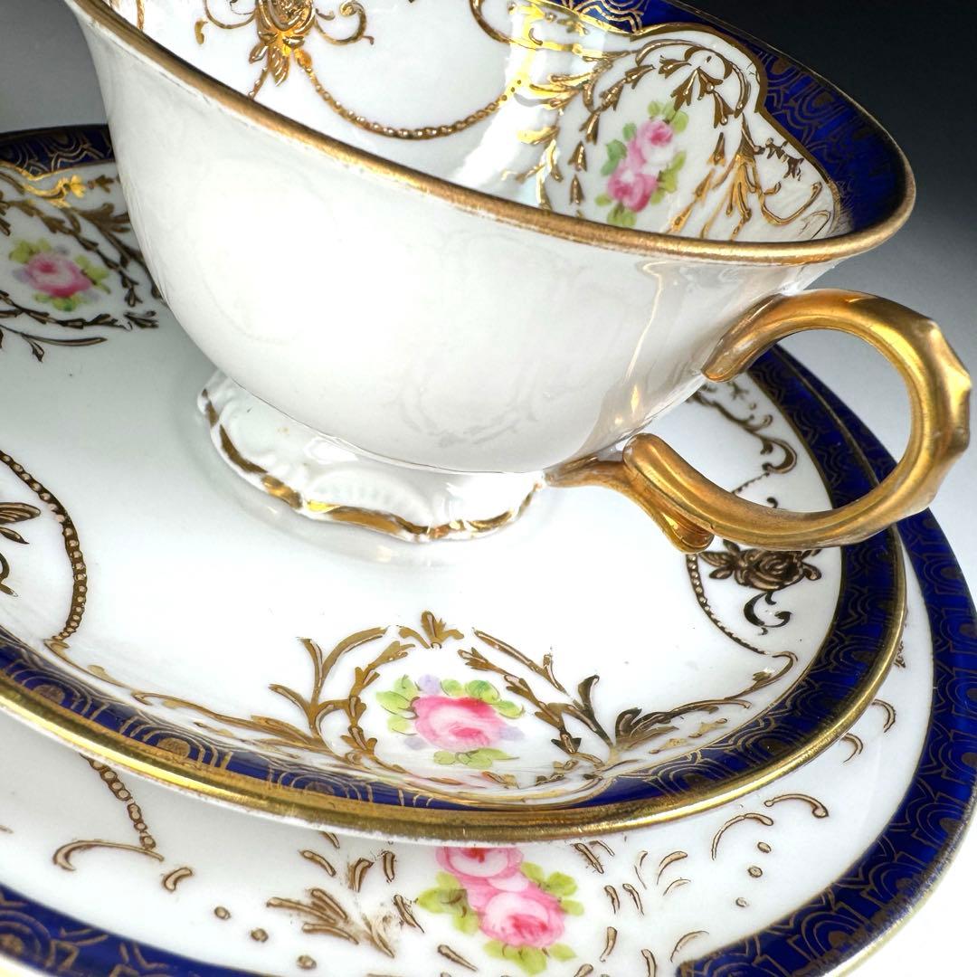 オールドノリタケ 金彩 コバルト ガーランド薔薇図紋 キャビネットトリオ