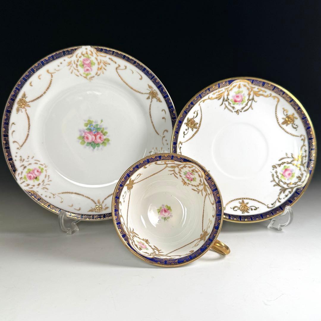 オールドノリタケ 金彩 コバルト ガーランド薔薇図紋 キャビネットトリオ