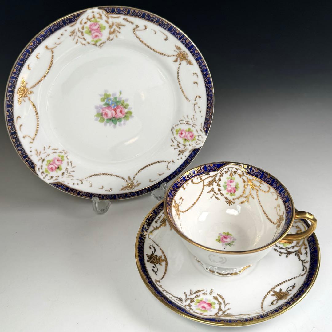 オールドノリタケ 金彩 コバルト ガーランド薔薇図紋 キャビネットトリオ