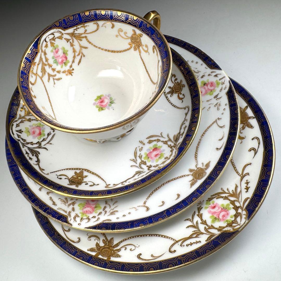 オールドノリタケ 金彩 コバルト ガーランド薔薇図紋 キャビネットトリオ