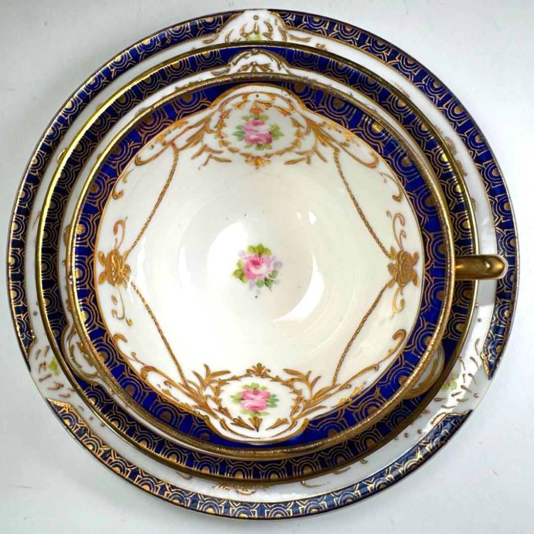 オールドノリタケ 金彩 コバルト ガーランド薔薇図紋 キャビネットトリオ