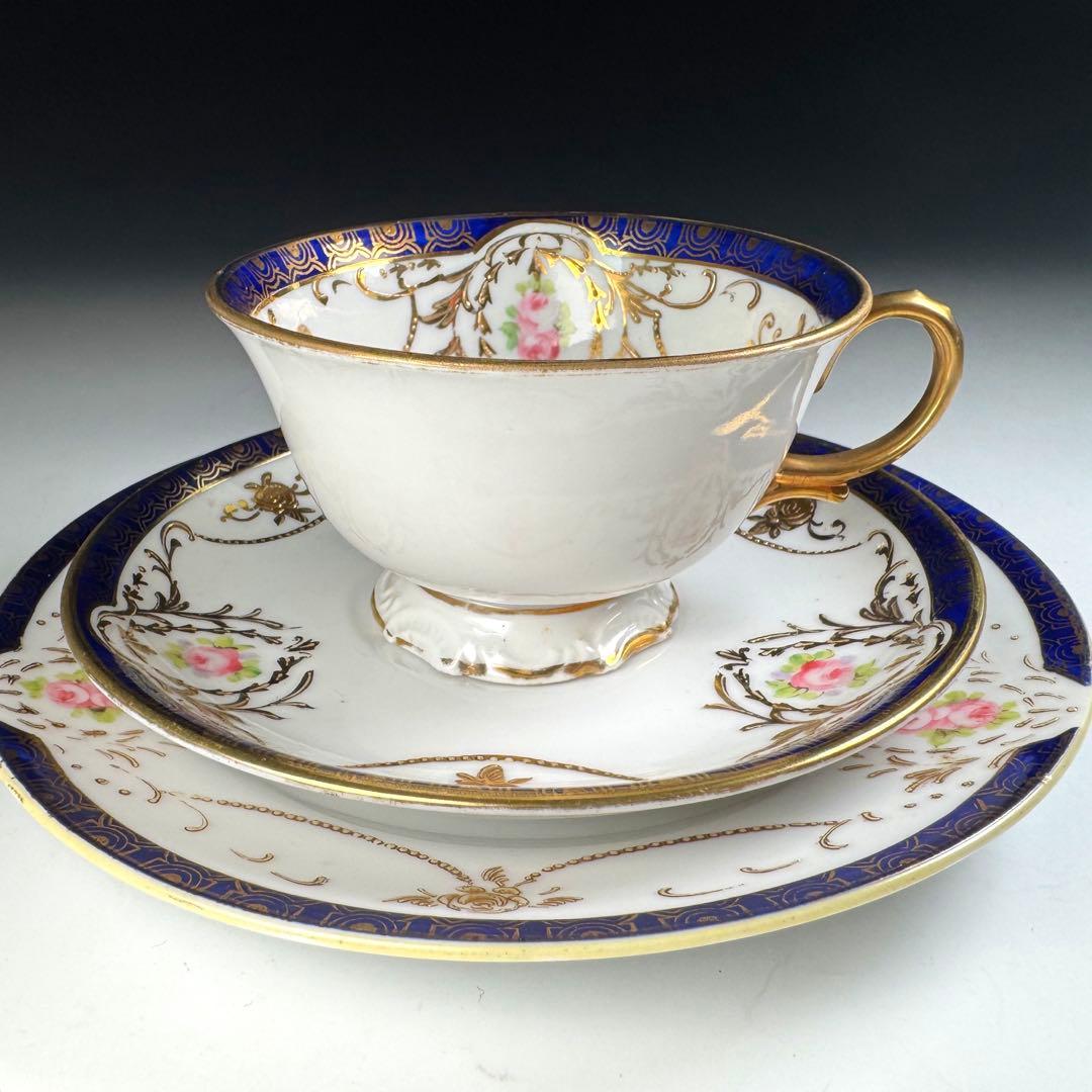 オールドノリタケ 金彩 コバルト ガーランド薔薇図紋 キャビネットトリオ