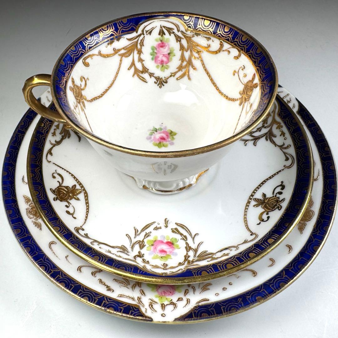 オールドノリタケ 金彩 コバルト ガーランド薔薇図紋 キャビネットトリオ