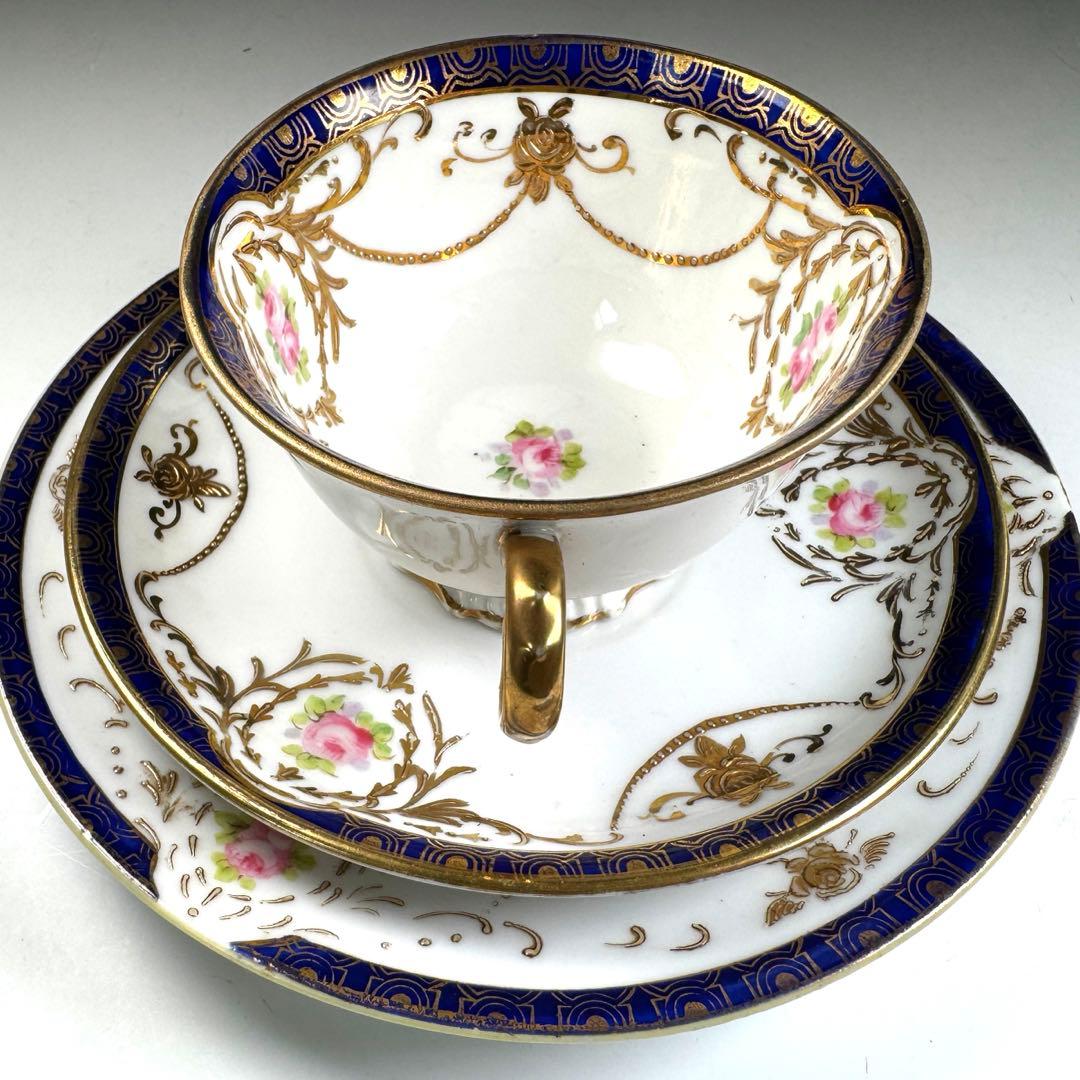 オールドノリタケ 金彩 コバルト ガーランド薔薇図紋 キャビネットトリオ