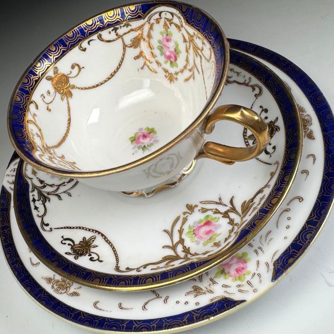 オールドノリタケ 金彩 コバルト ガーランド薔薇図紋 キャビネットトリオ