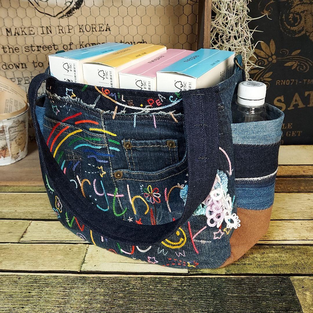 刺繍デニムバック　No.662　デニムリメイク　刺繍バック　サイドポケット