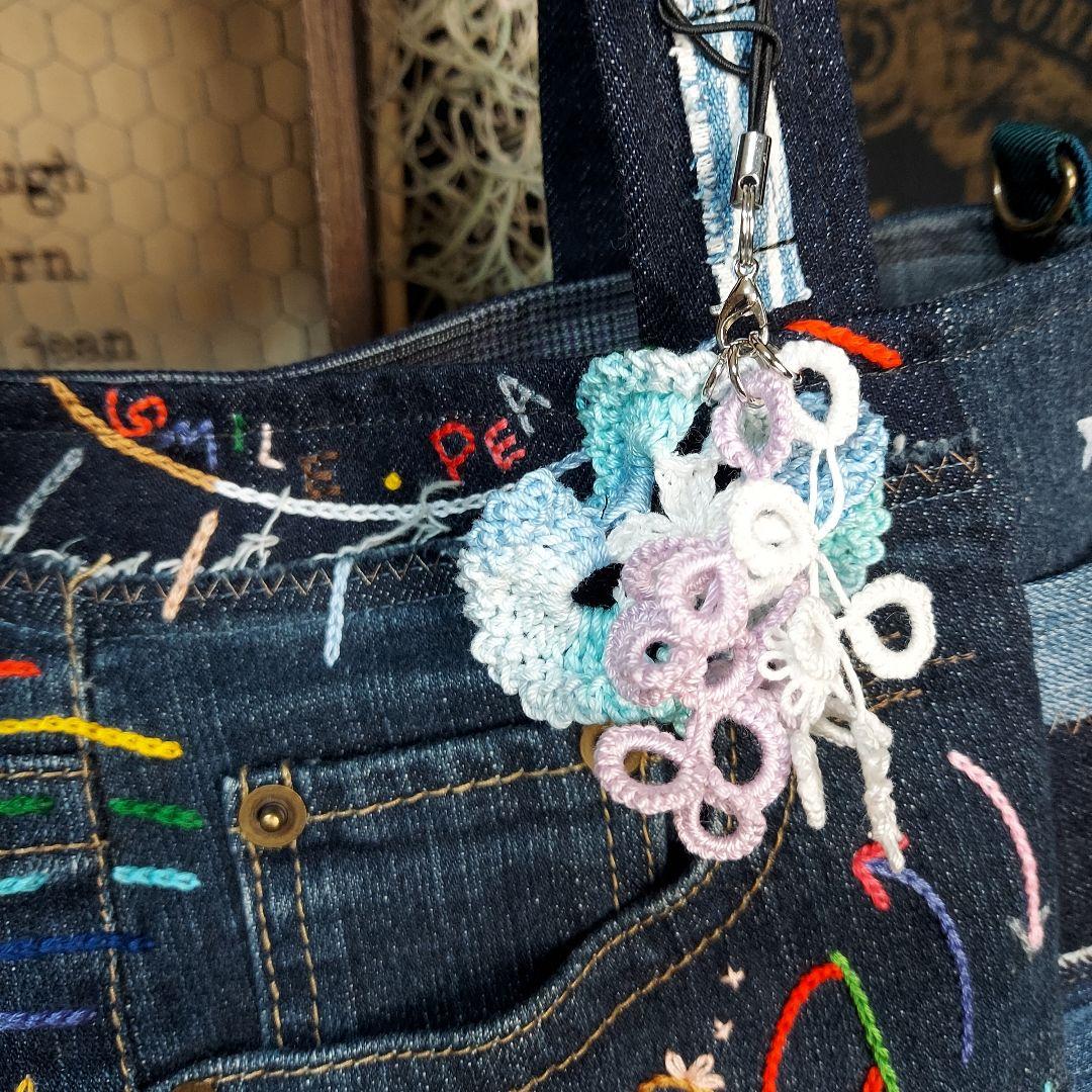 刺繍デニムバック　No.662　デニムリメイク　刺繍バック　サイドポケット