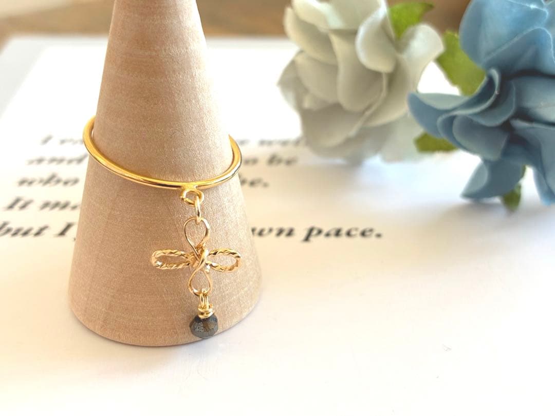 14kgf ブラックダイヤモンド　2way 四つ葉✨リング　チャーム