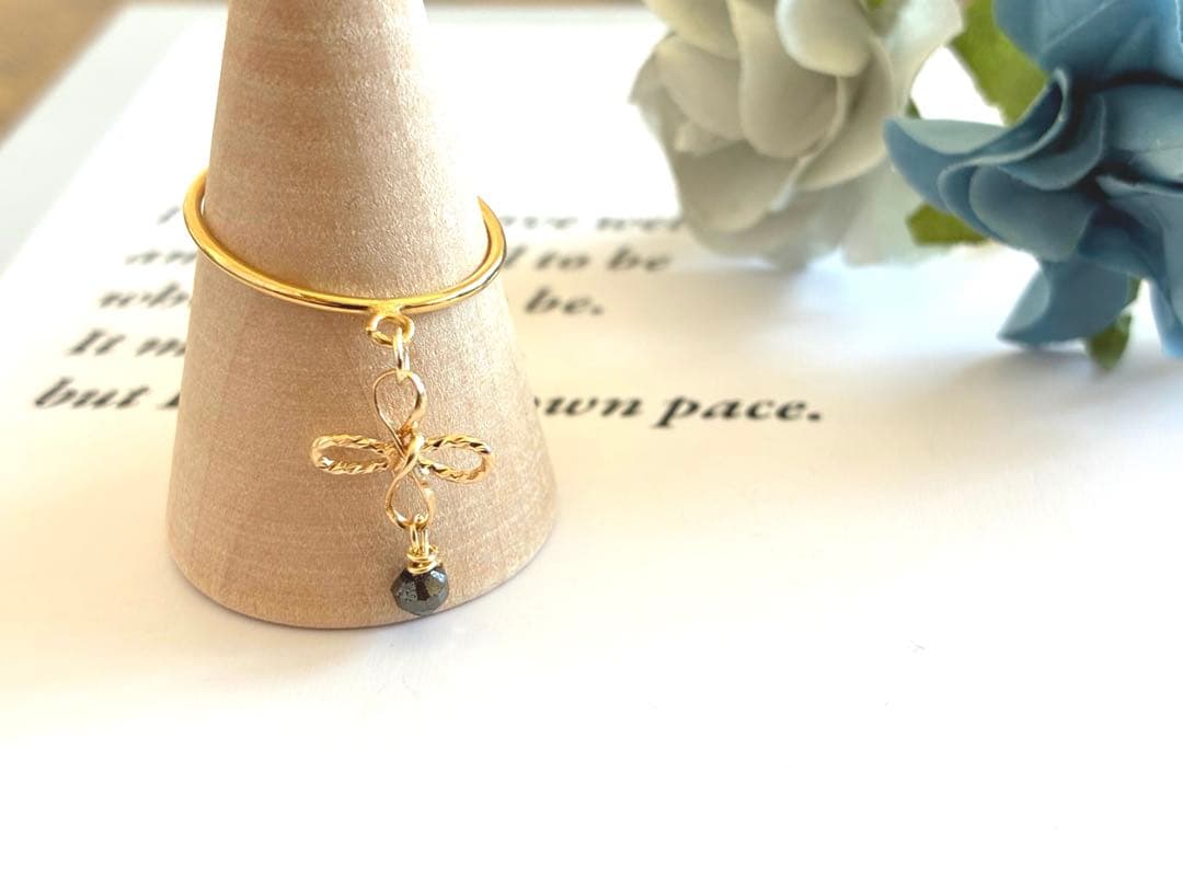 14kgf ブラックダイヤモンド　2way 四つ葉✨リング　チャーム