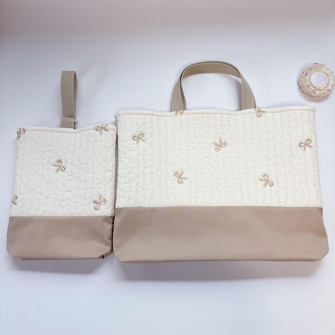 りぼん　刺繍生地　レッスンバッグ　上履き袋　ヌビ　キルト　キルティング　撥水