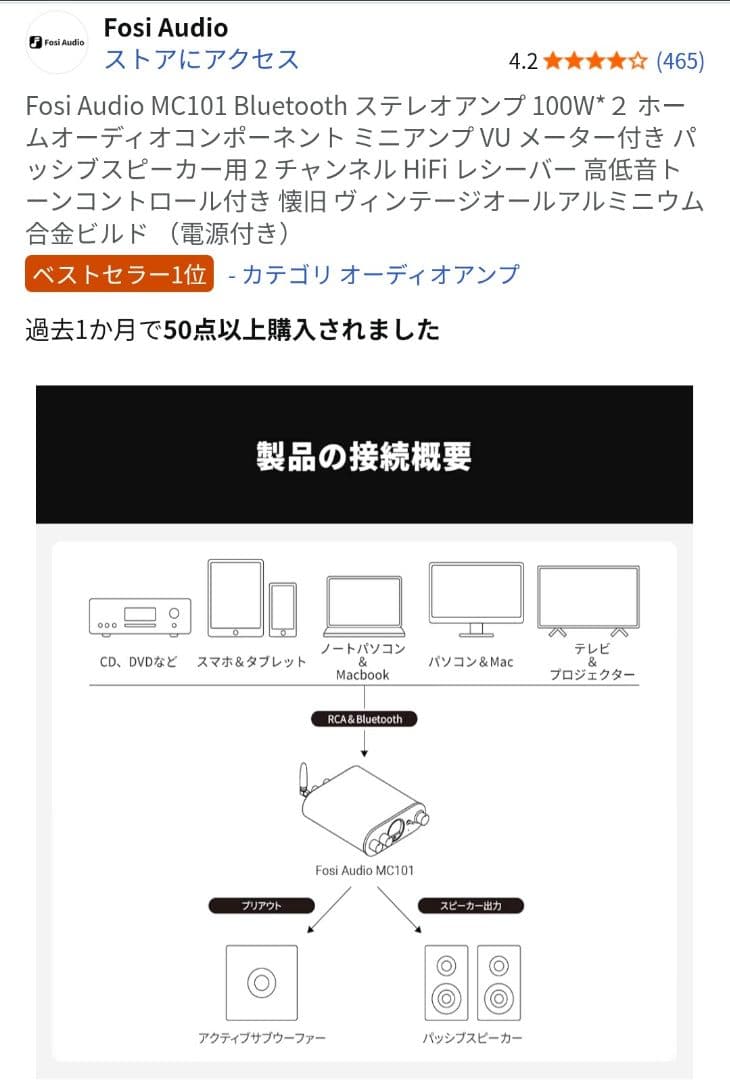 Fosi Audio MC101 Bluetooth ステレオアンプ 100W