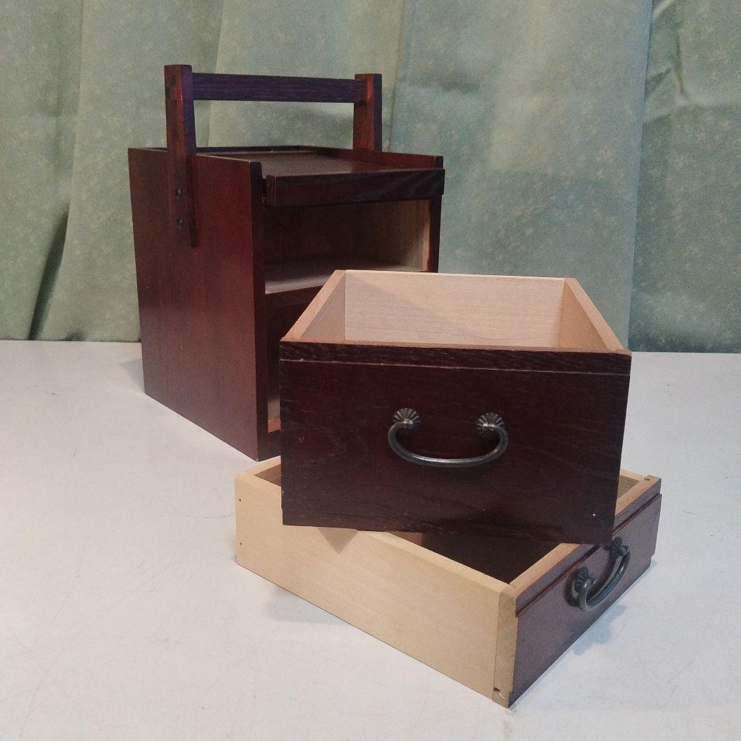 京都古民家より、昭和の鏡付化粧ケース　メイクボックス　木製手提げ