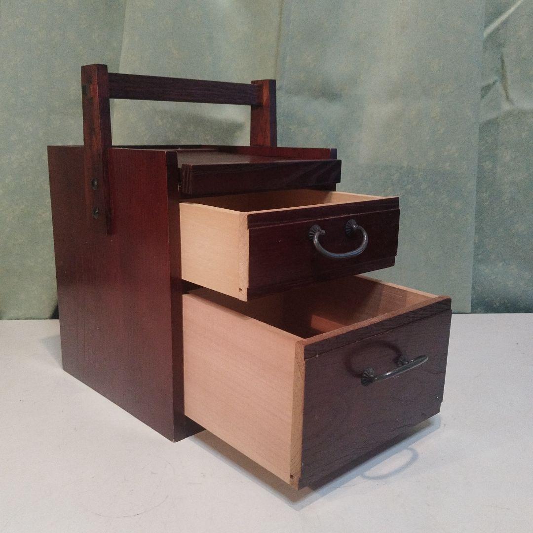 京都古民家より、昭和の鏡付化粧ケース　メイクボックス　木製手提げ