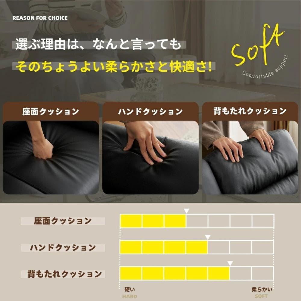 2Pけソファ PUレザー 座面肘掛け一体型 圧力分散 高品質 耐荷重 BLACK