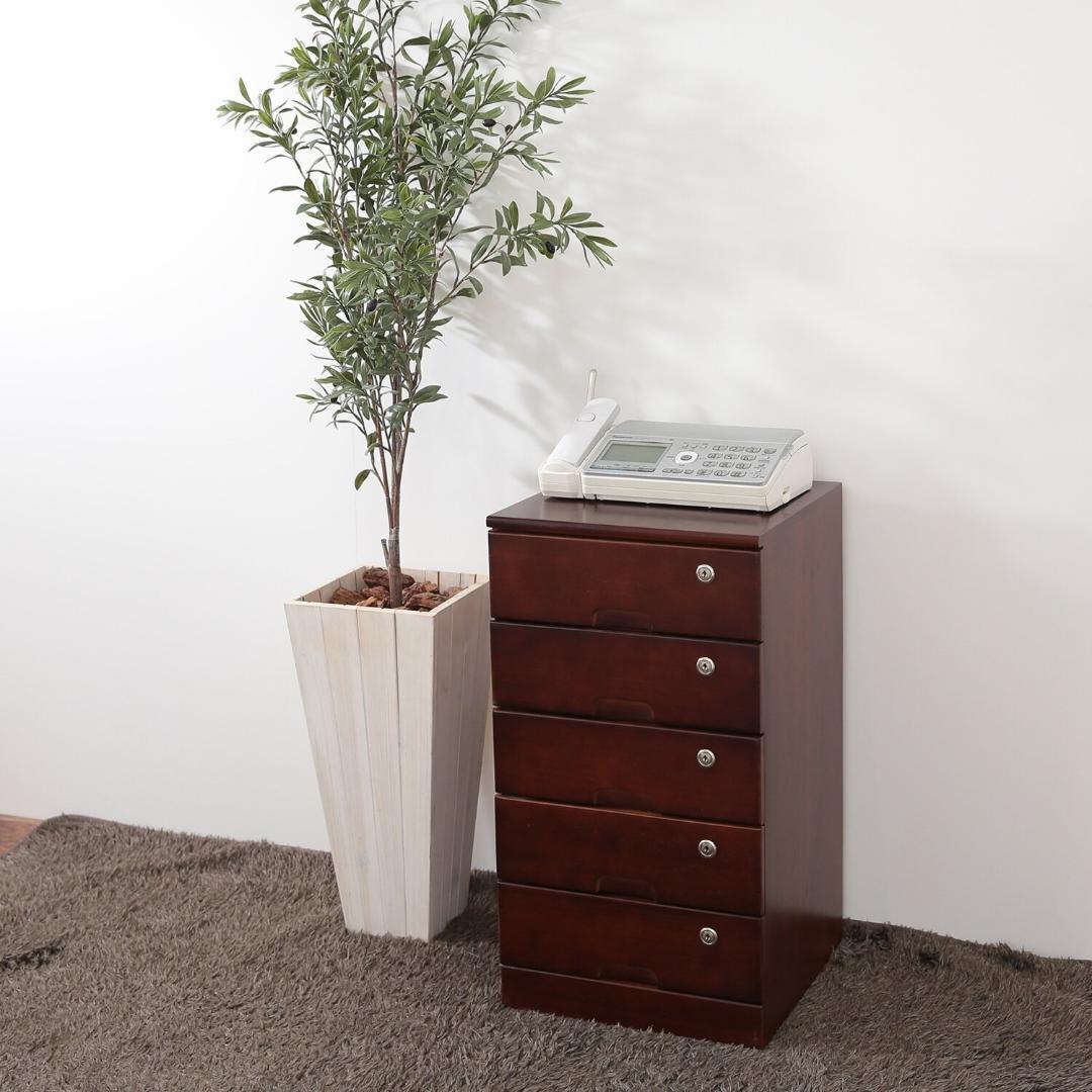 ＜５段＞天然木桐材で軽量！ 組み立て不要 全段カギ付 リビングチェスト ブラウン
