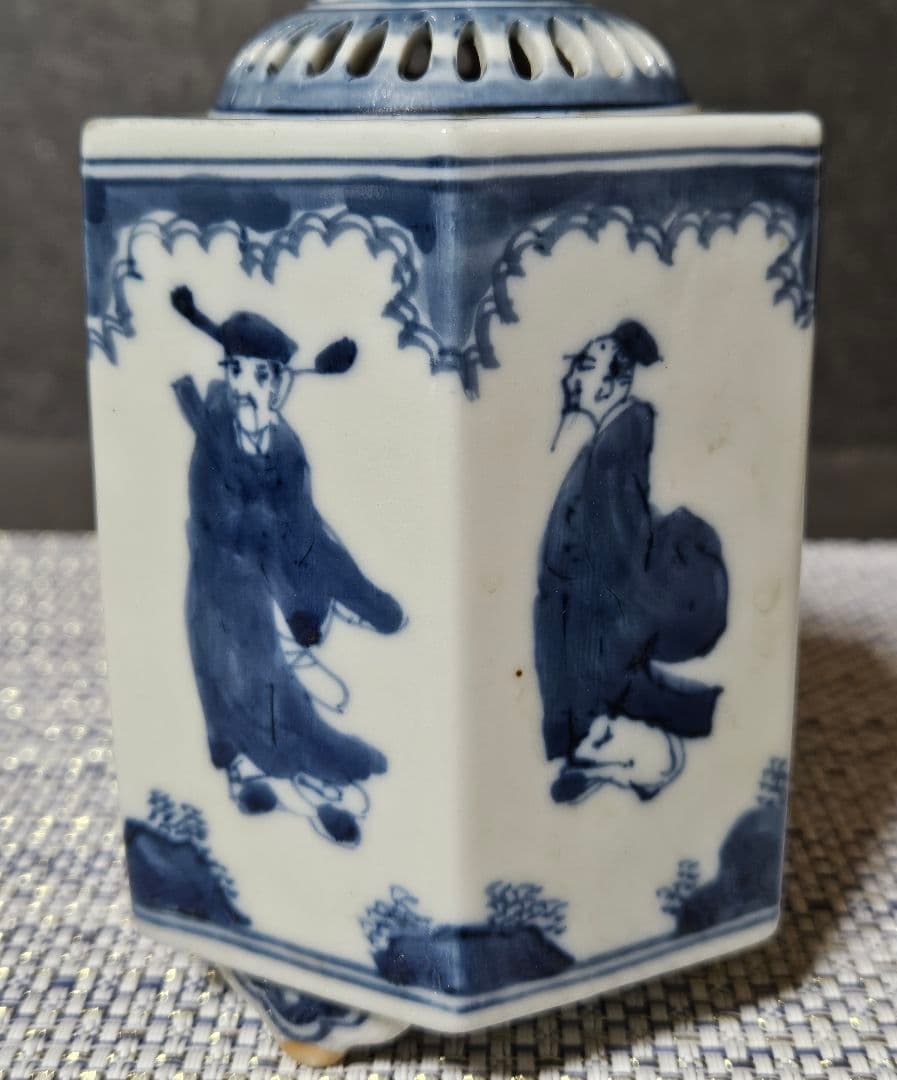 伊万里染付　双鹿摘み　人物図　六角形　香炉　茶道具　茶器　香道具　香道　香　香木