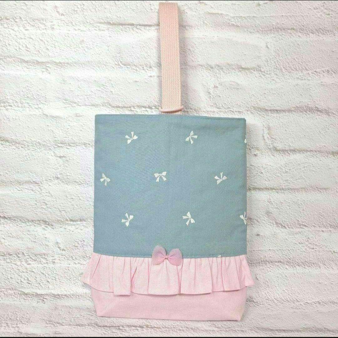 入園入学 セット リボン 刺繍 スモーキーブルー ×ピンク フリル