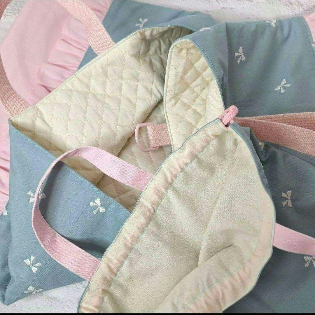 入園入学 セット リボン 刺繍 スモーキーブルー ×ピンク フリル