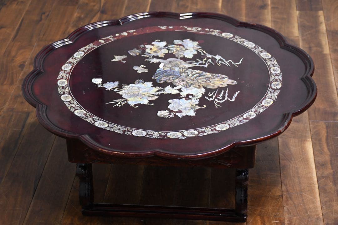 EFK24 螺鈿細工 韓国漆塗り 丸角座卓 ちゃぶ台 折れ脚 折り畳み 丸角お膳