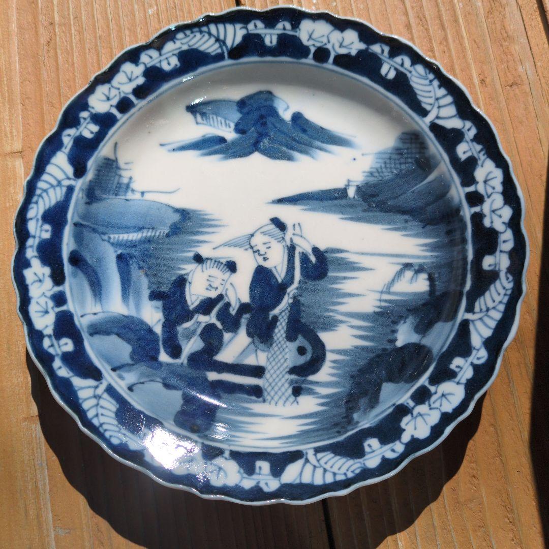 陶器皿 　手万里人形藍模様小皿　レトロ　アンティーク