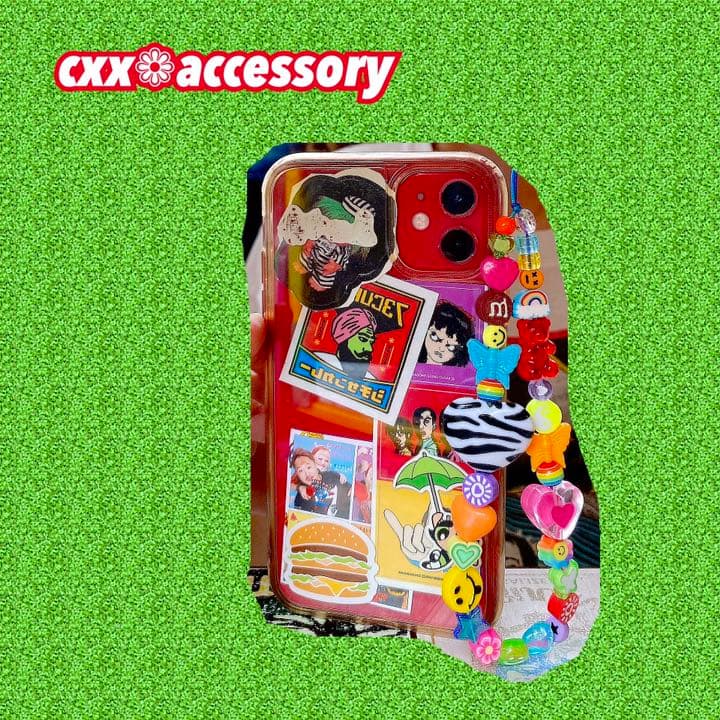 【s-65】ビーズストラップ スマホ❁ニコちゃん カラフル 個性的古着韓国