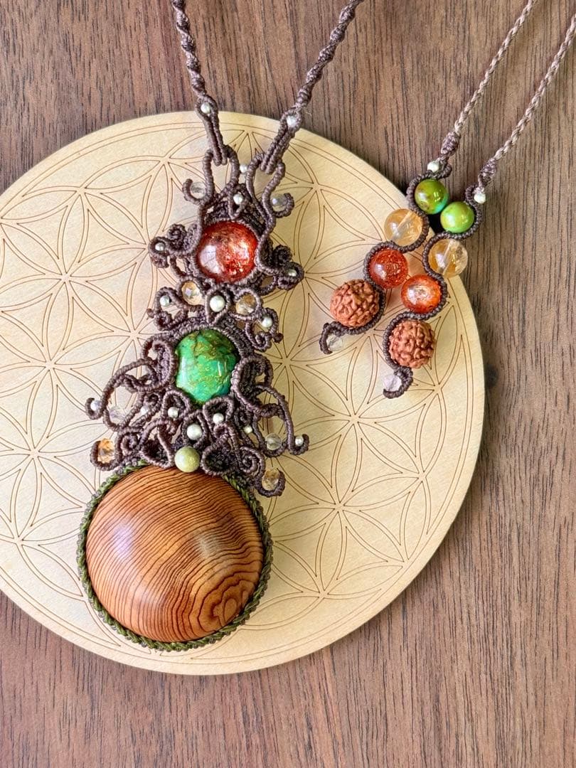 専用♡まん丸◯屋久杉＆チベタンターコイズ＆サンストーンのマクラメ編みネックレス♡