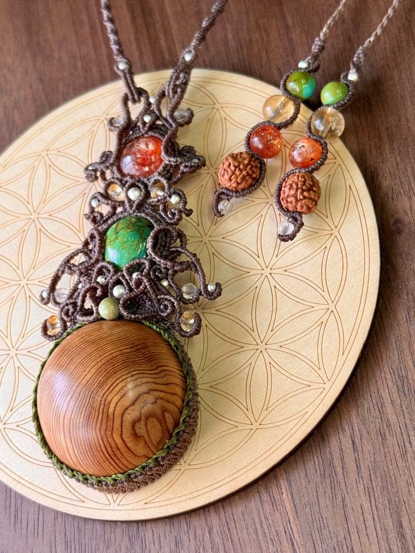 専用♡まん丸◯屋久杉＆チベタンターコイズ＆サンストーンのマクラメ編みネックレス♡