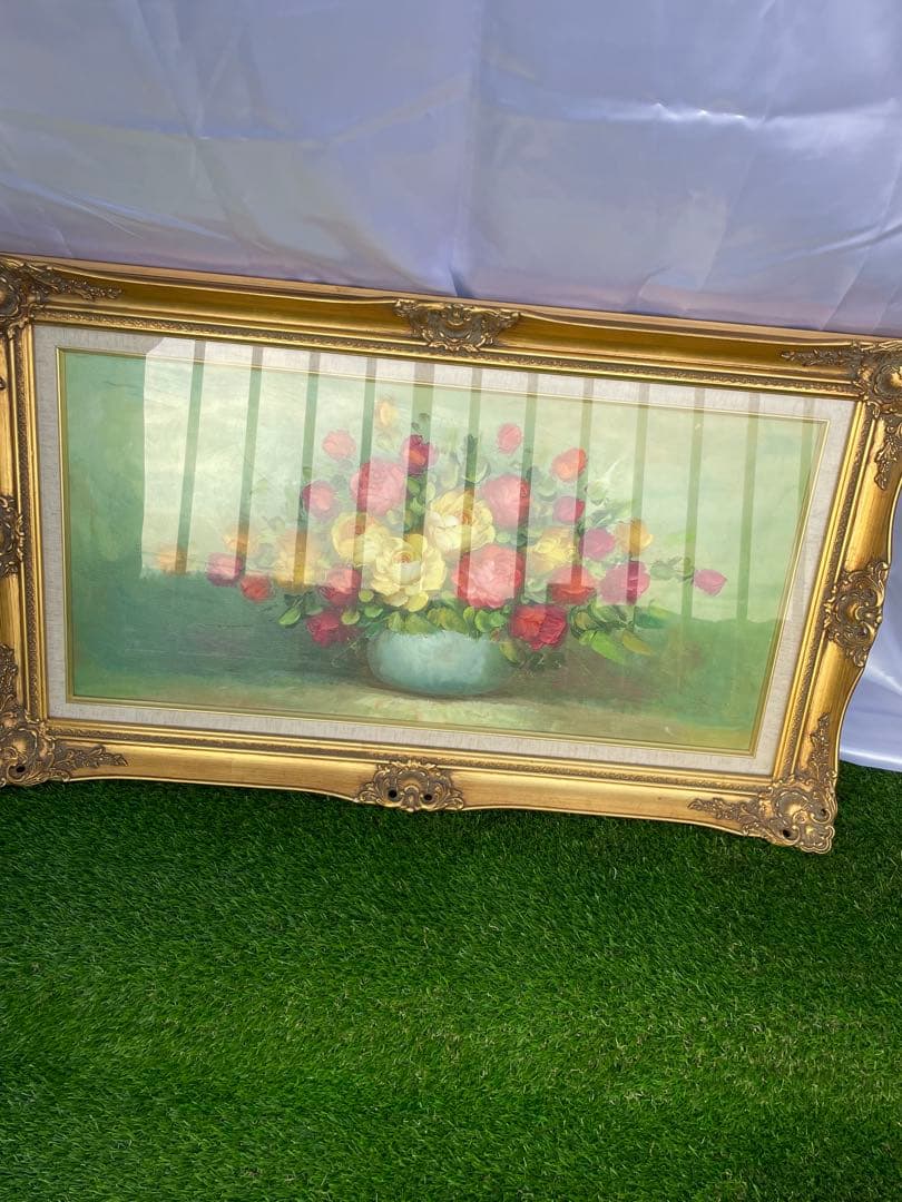 薔薇花瓶　油彩画 装飾フレーム付き