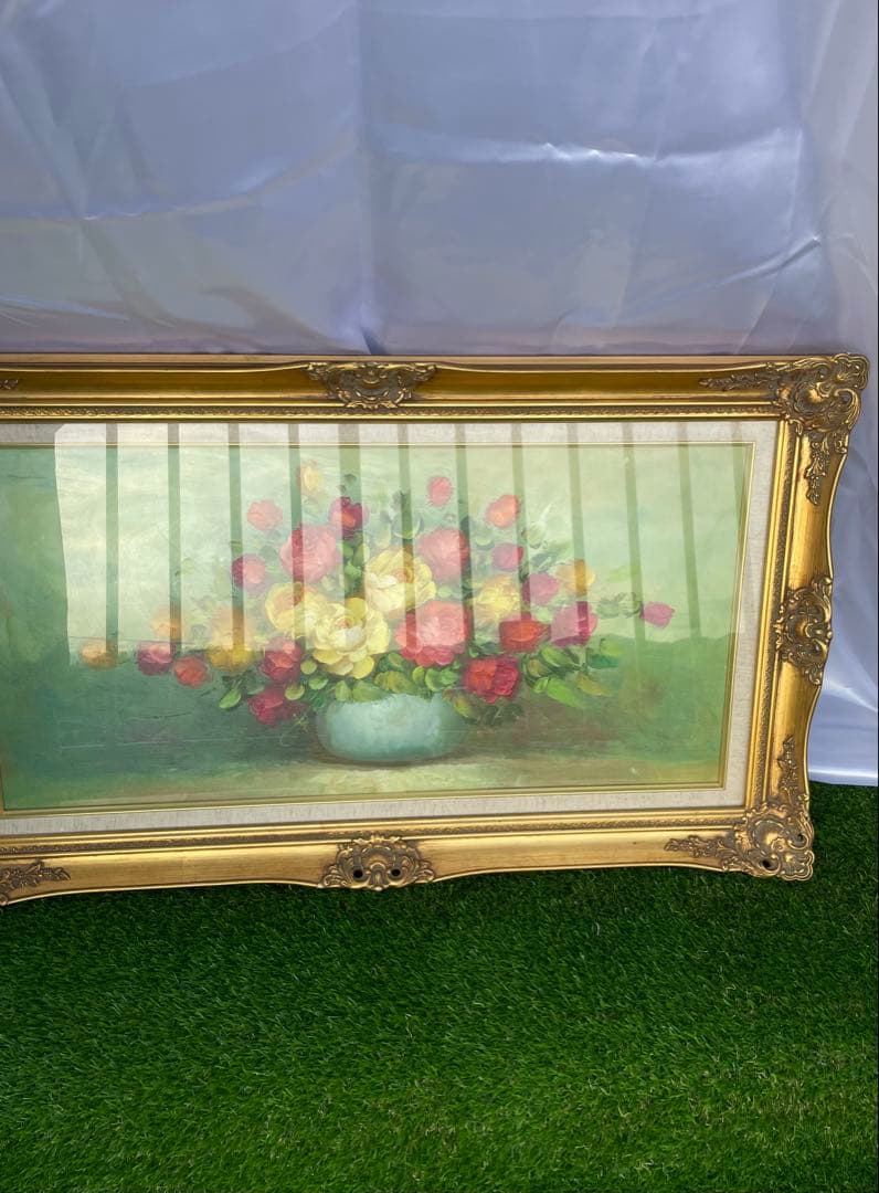 薔薇花瓶　油彩画 装飾フレーム付き