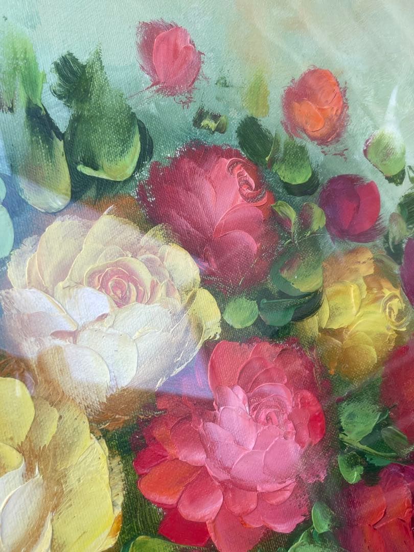 薔薇花瓶　油彩画 装飾フレーム付き