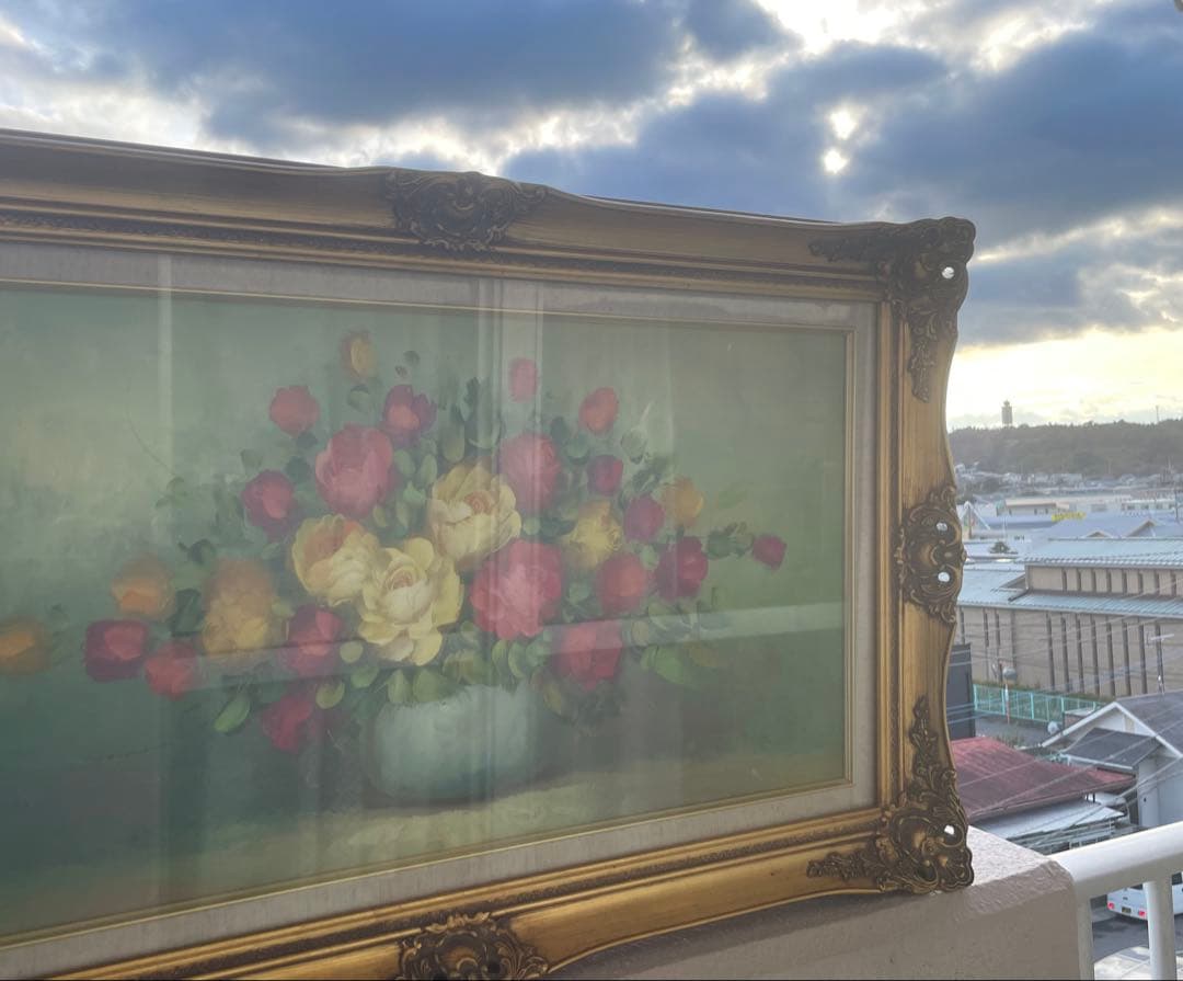 薔薇花瓶　油彩画 装飾フレーム付き