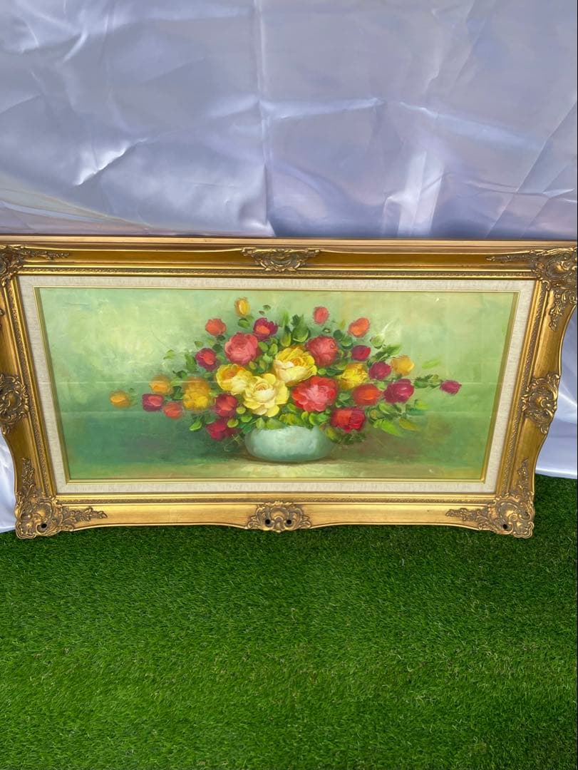 薔薇花瓶　油彩画 装飾フレーム付き